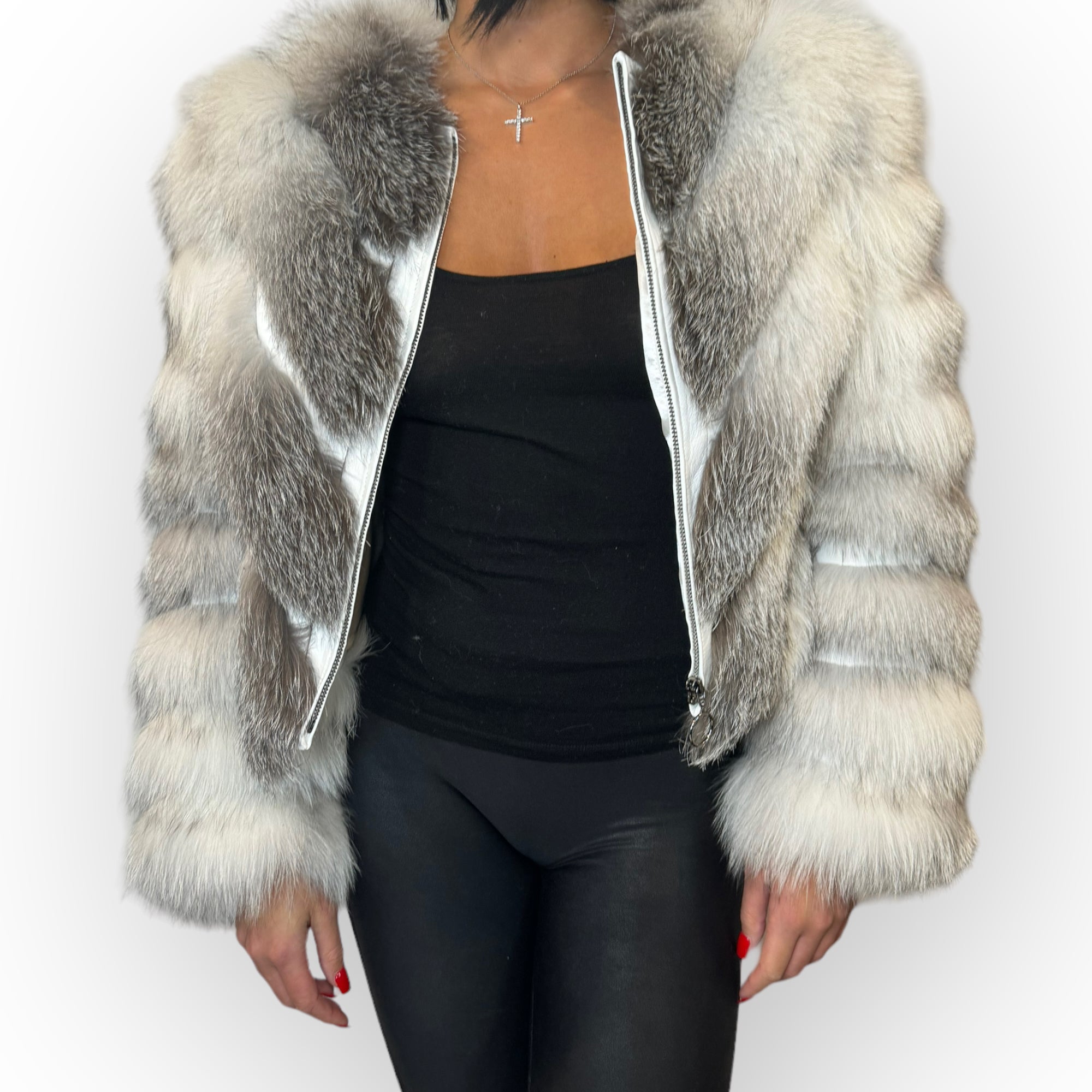 WHITE + GREY CROPPED FOX JACKET